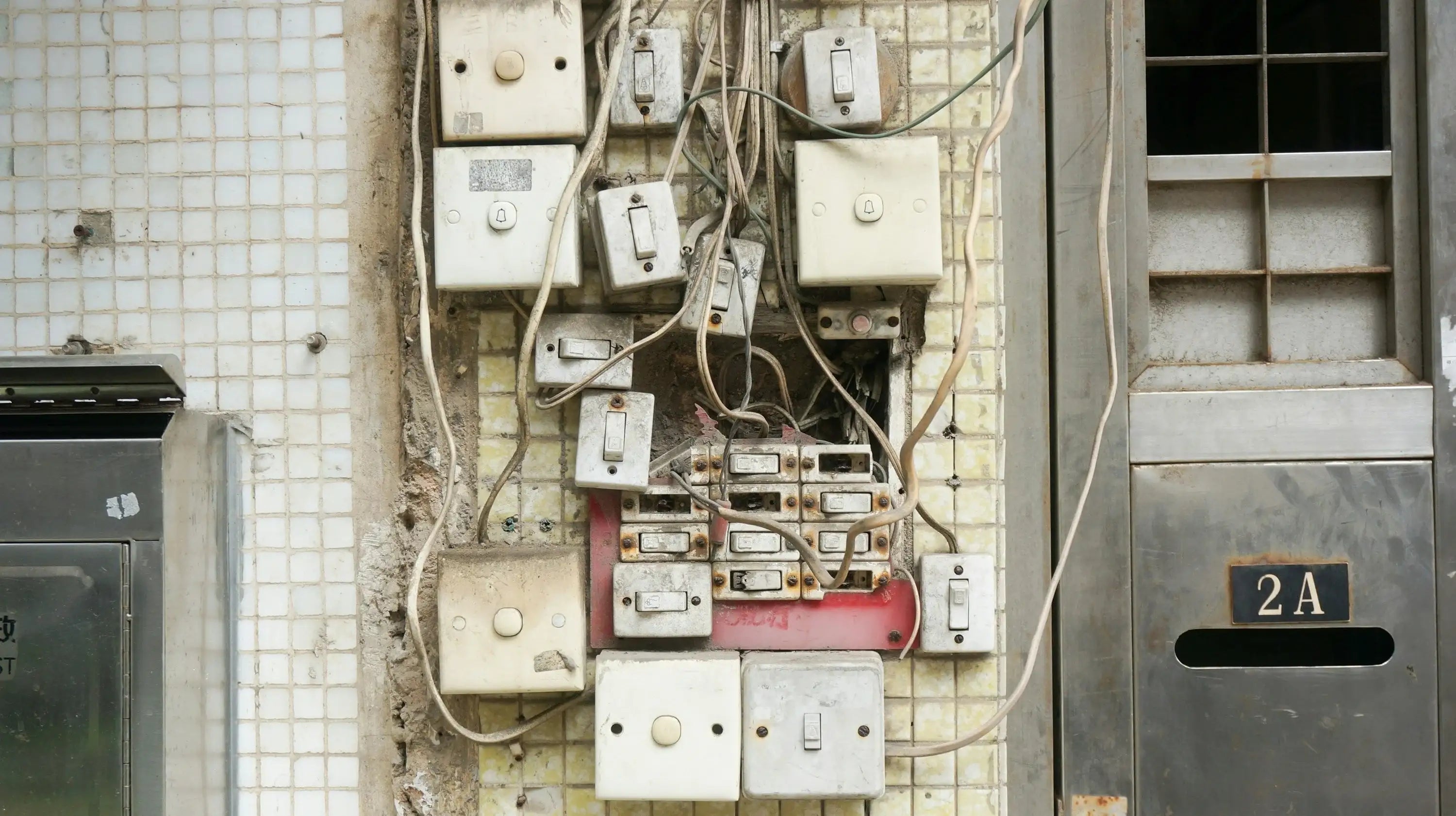 Installation électrique ancienne et abîmée avec plusieurs interrupteurs, fils apparents et boîtes usées sur un mur carrelé