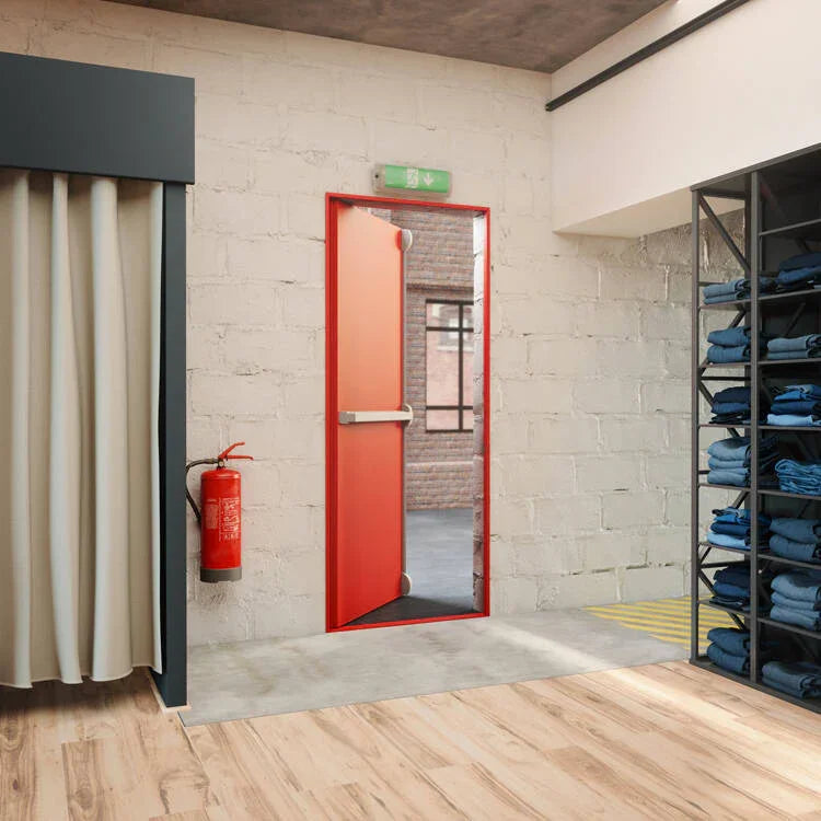 Porte anti-panique rouge ouverte dans un magasin moderne avec murs en briques blanches, extincteur et étagères de vêtements pliés