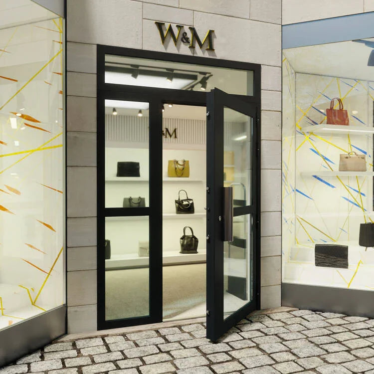 Porte vitrée noire sécurisée ouverte d'une boutique W&M affichant sacs à main design sur étagères éclairées
