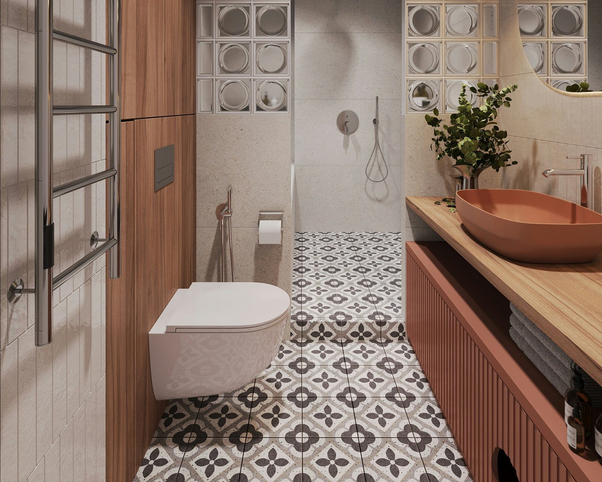 Carrelage sol à motifs géométriques dans une salle de bain moderne. Carreaux de ciment style rétro alliant caractère authentique et résistance à l'humidité.