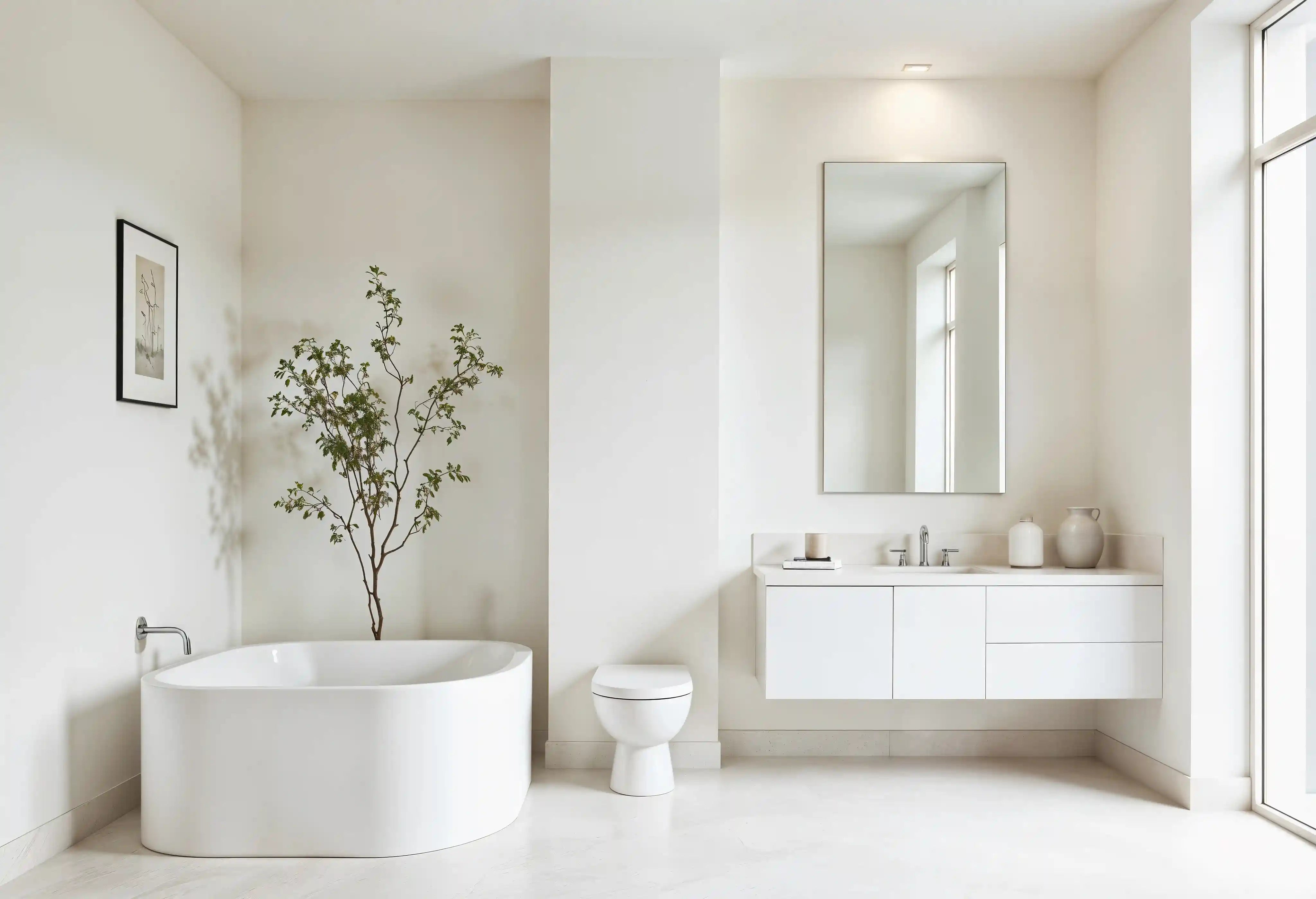 Salle de bain moderne avec baignoire îlot, meuble vasque suspendu et décoration minimaliste