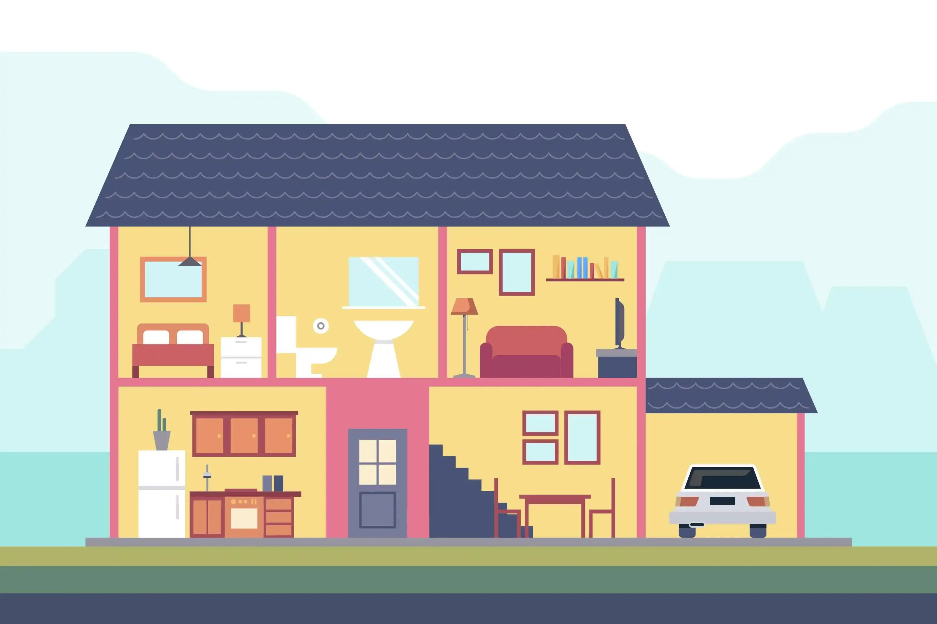 Illustration d’une maison en coupe présentant les pièces à rénover : cuisine, salle de bain, salon, chambres et garage.