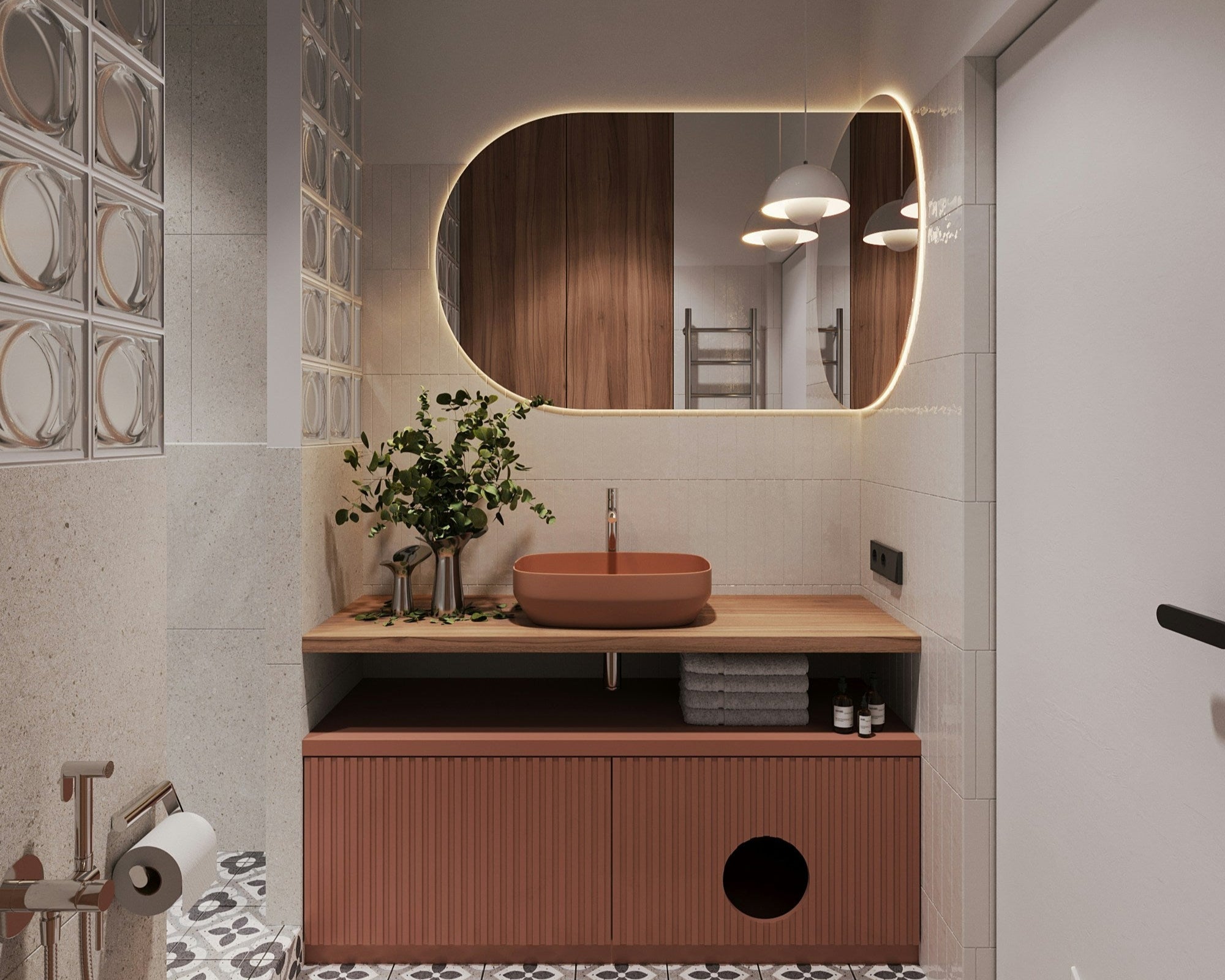 Prestations rénovation salle de bain moderne - Meuble vasque bois, miroir rétroéclairé et carrelage motifs géométriques