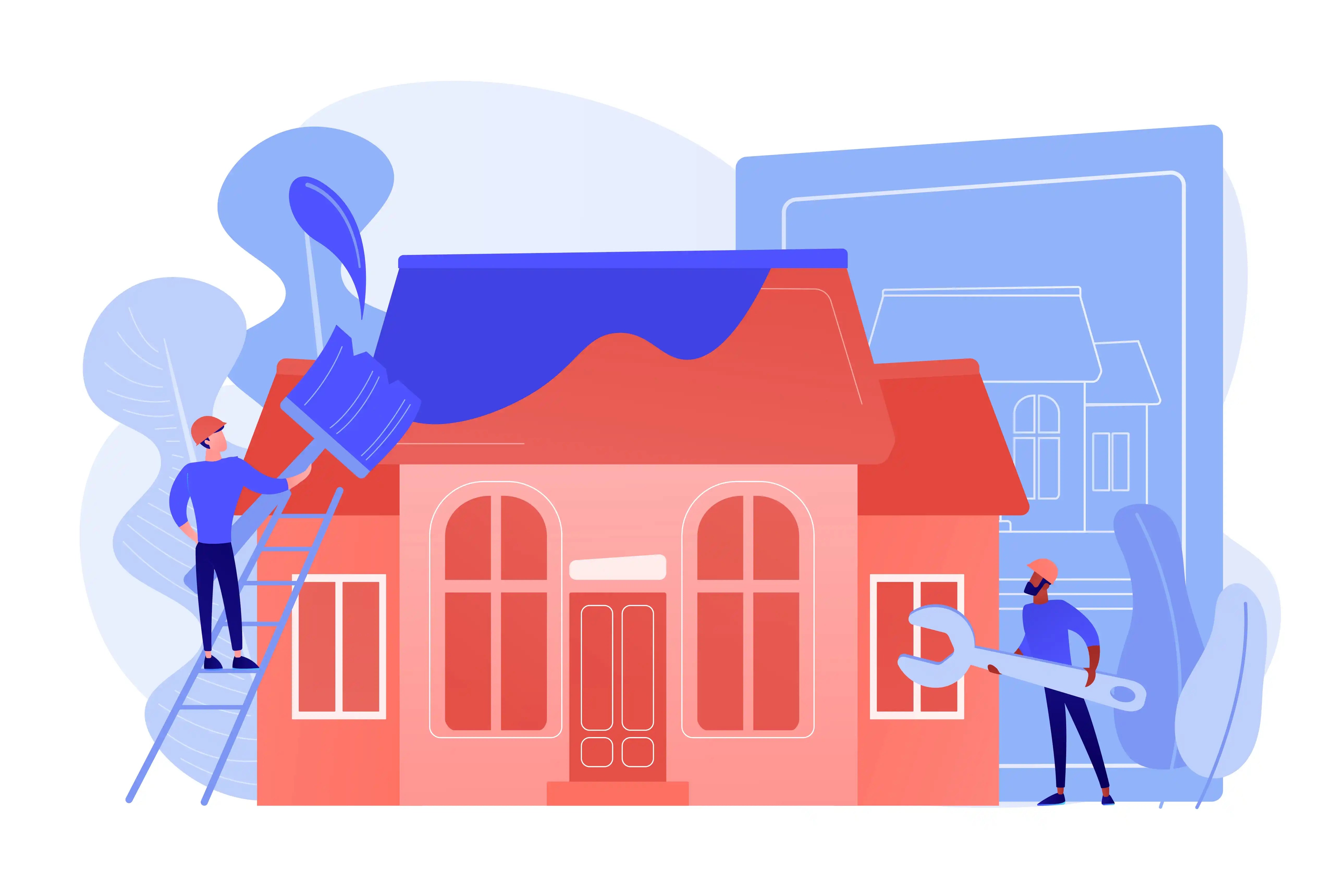 Travailleurs rénovant une maison, illustrant des travaux de rénovation en cours