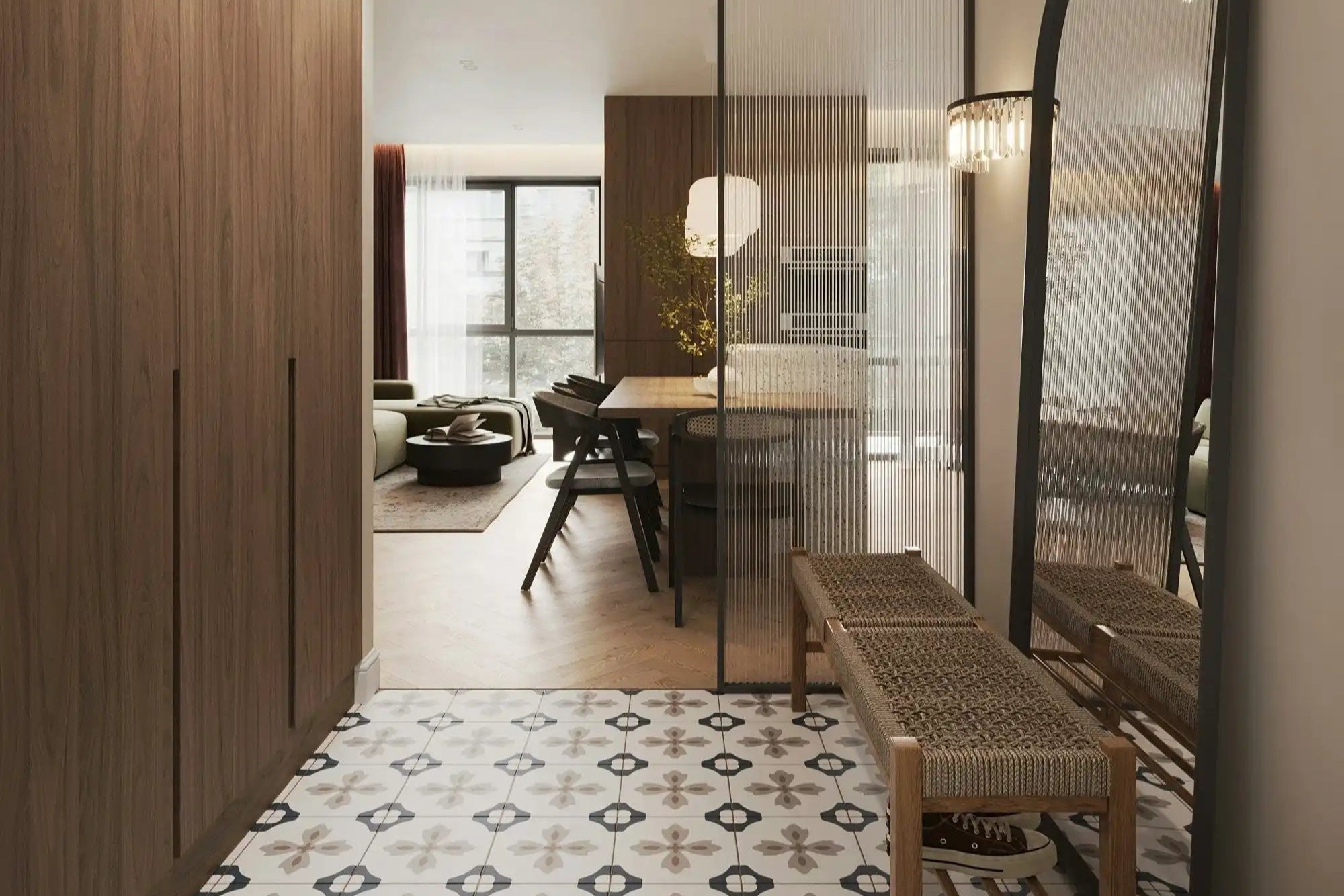 Verrière intérieure style atelier installée dans une entrée moderne avec cloison vitrée à lames verticales, carrelage vintage au sol et mobilier en bois naturel – Séparation élégante entre l’entrée et la salle à manger.