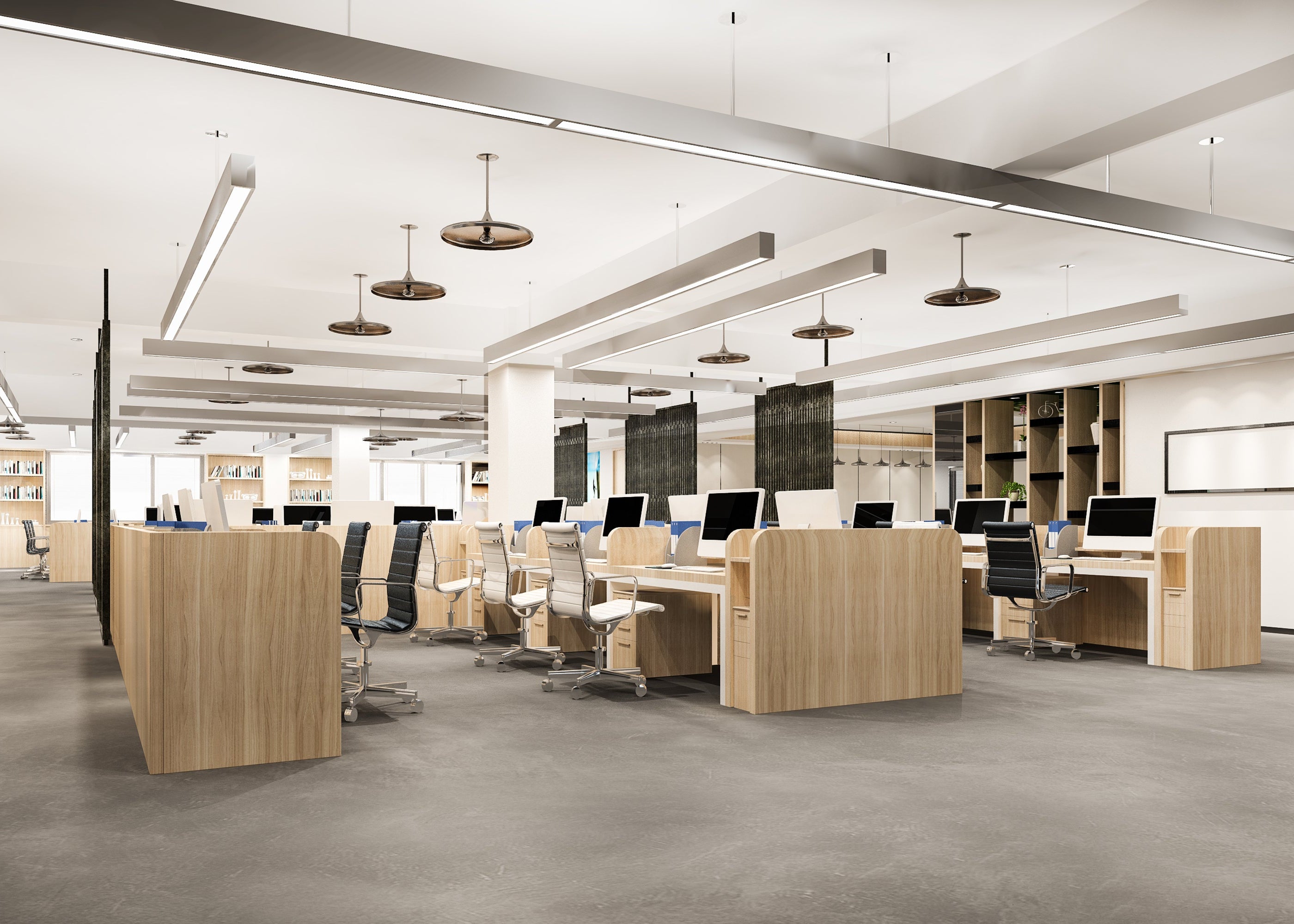 Open space moderne avec postes de travail ergonomiques et design contemporain. Renobat conçoit et réalise l'aménagement bureau professionnel de vos espaces de travail à Paris et Île-de-France.
