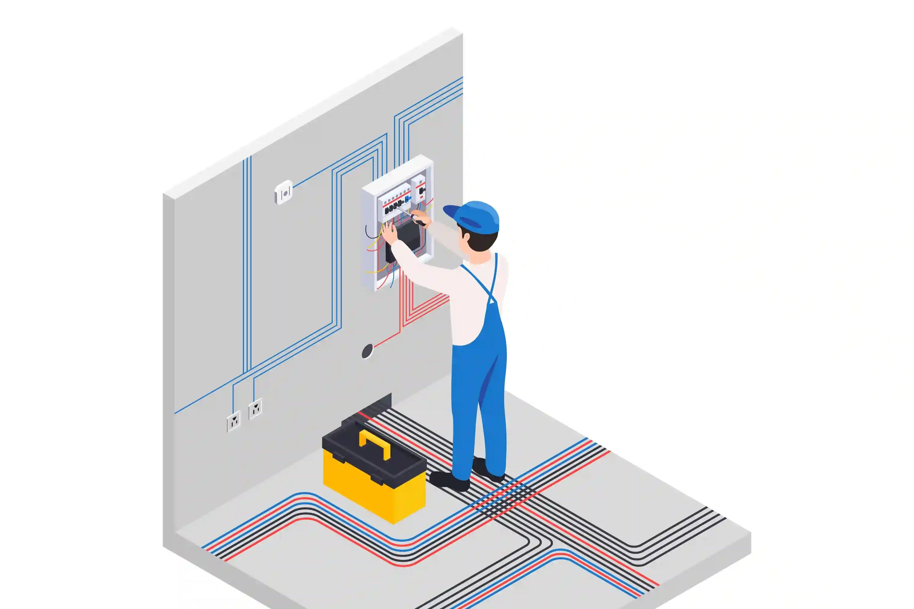 Illustration isométrique d’un électricien intervenant sur un tableau électrique
