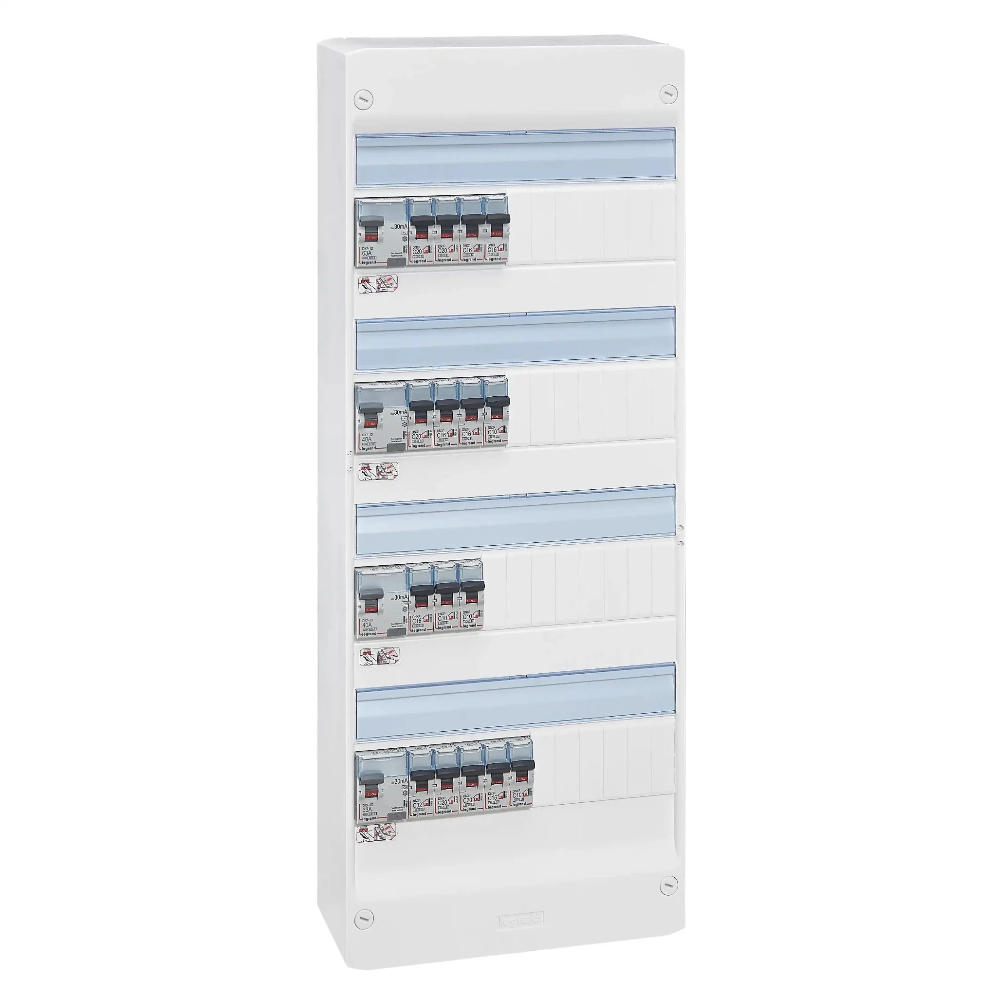 Tableau électrique Legrand 4 rangées complet pour grande habitation ou logement T5 et plus