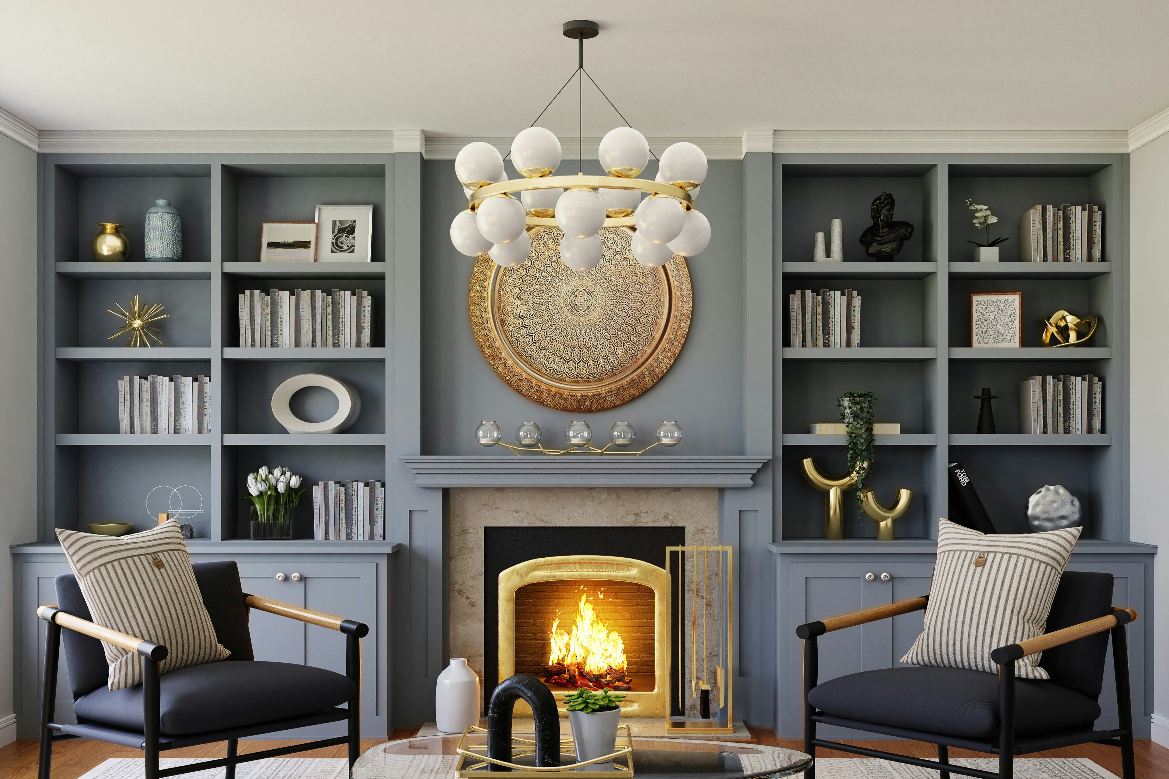 Rénovation appartement haut de gamme avec salon moderne, bibliothèque intégrée grise, cheminée et luminaire design