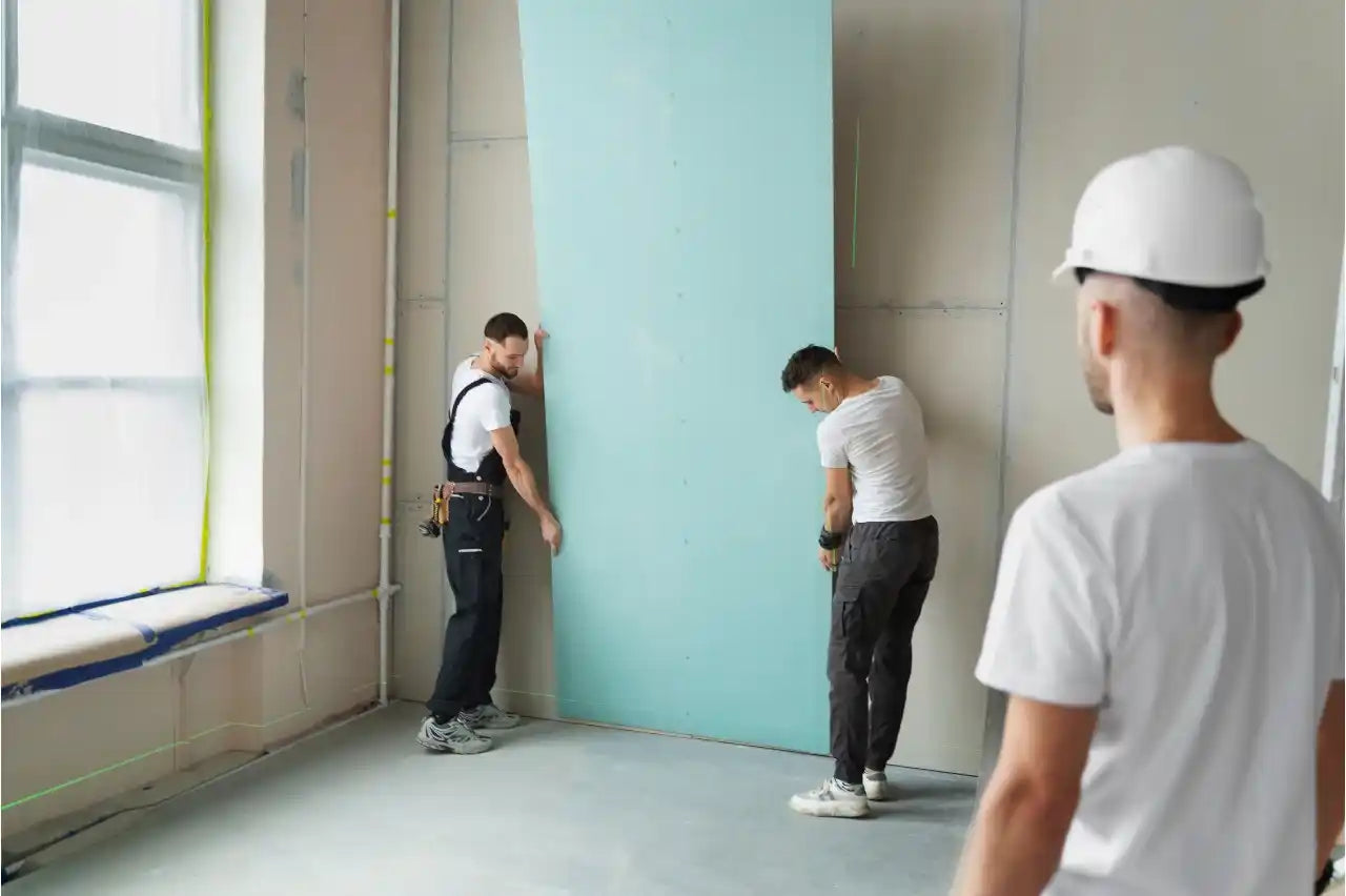 Équipe de plaquistes Courbevoie posant cloison placo BA13 hydrofuge sur chantier 92400