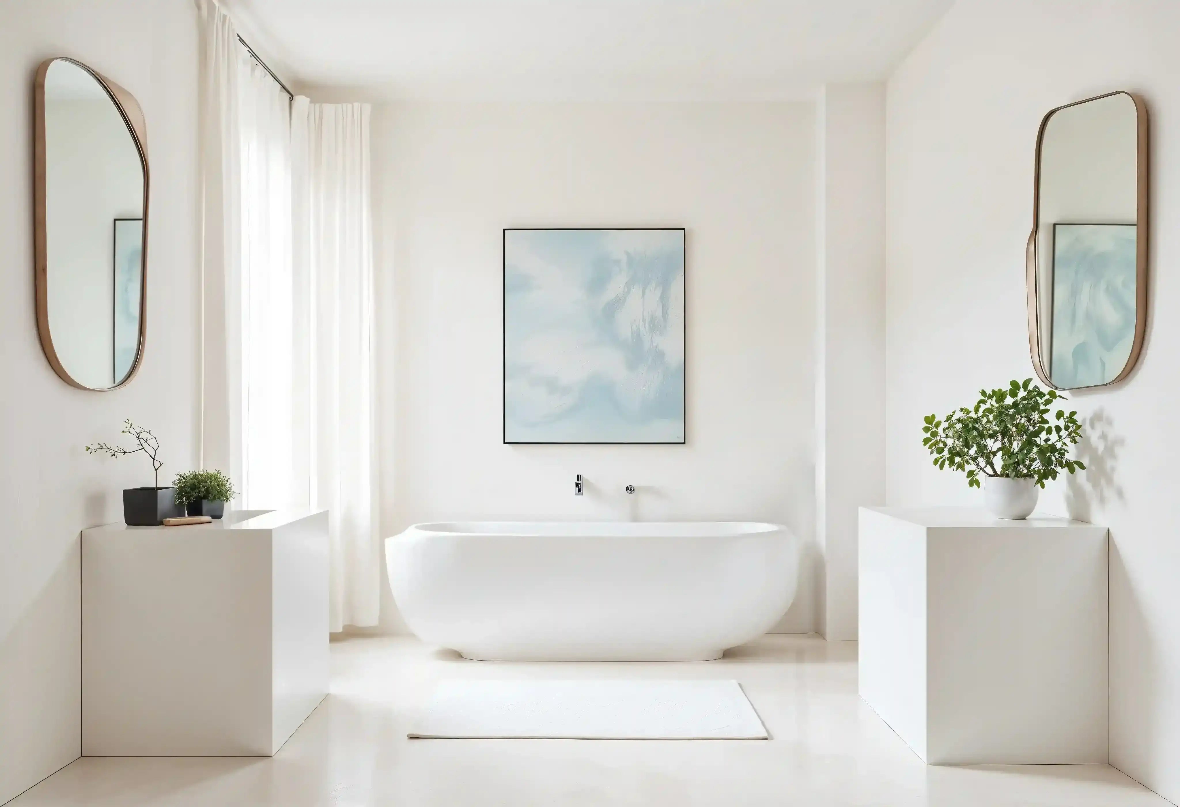 Rénovation salle de bain contemporaine : baignoire îlot, double vasque et miroirs ovales Courbevoie