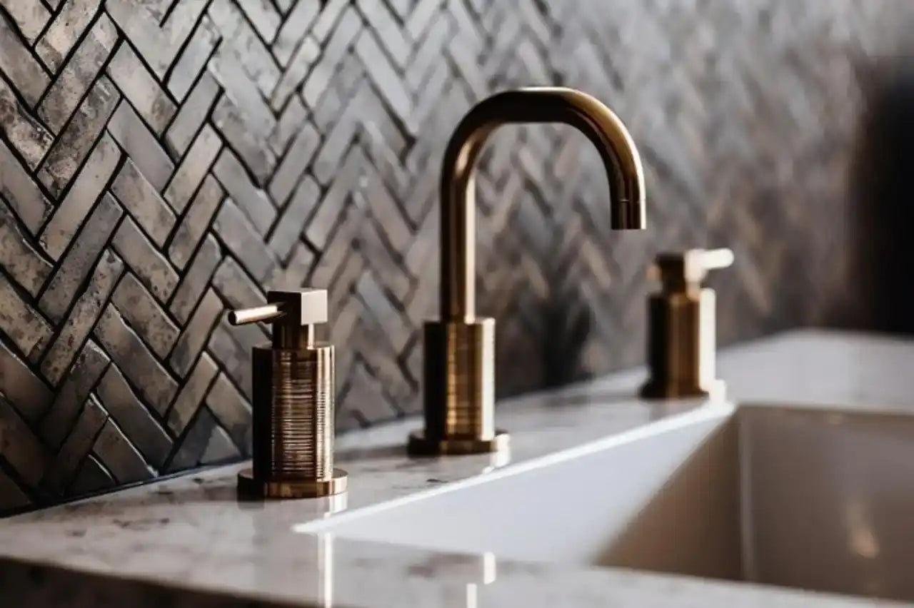 Mitigeur robinet bronze doré sur vasque marbre avec carrelage chevron - Installation robinetterie Courbevoie